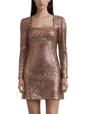 Intermix Hilary brown Bronze Sequin Mini Dress Long Sleeve Square Neck Size 8
